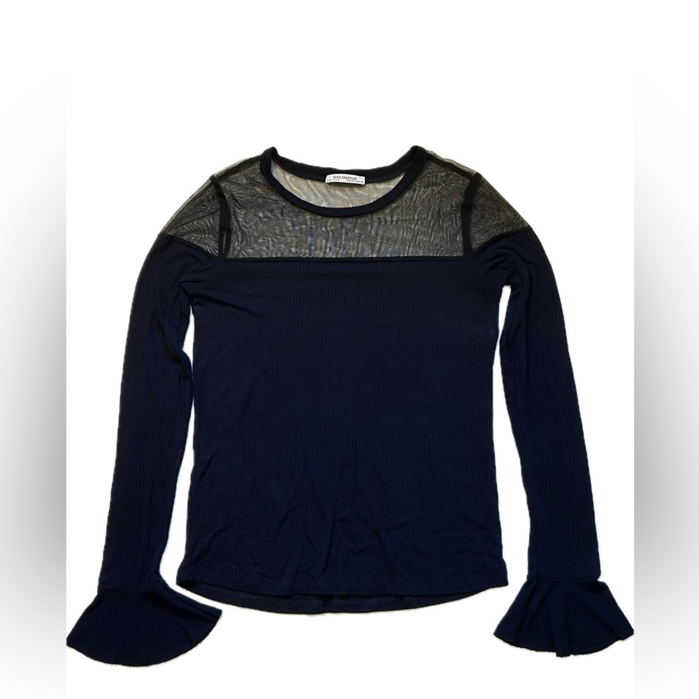 Zara Navy Mesh Panel Long Sleeve Top With Flared Cuffs Size M - Picture 3 of 7